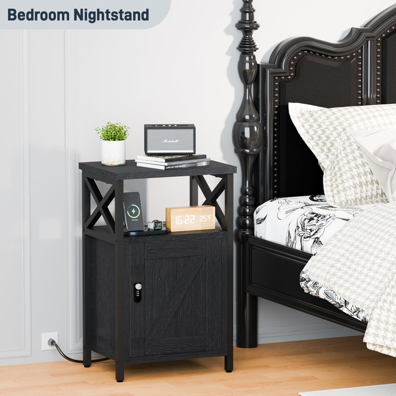 runjuly Wooden Nightstand with Charging Station, Bed Side Table with Drawers, Bedside Table with Lock, 3 USB & 2 Outlets, Night Stand with Cabinet Storage, End Table for Bedroom, Black - Image 2