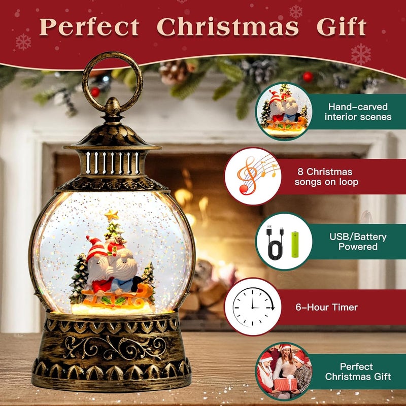 Aixuler Gnome Christmas Snow Globe, Gnome Musical Snow Globe Lantern Lights with 6H Timer Battery & USB Powered, Retro Style Holiday Glitter Globe for Xmas Home Decoration Holiday Party Gifts - Image 2