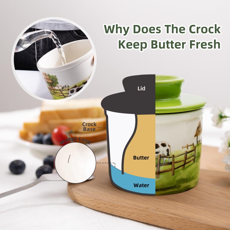 XRBEOU Ceramic Butter Crock With Lid for Countertop, Embossed Cow Butter Holder Container for Counter with Water, French Butter Keeper Butter Dish for Spreadable Butter Farmhouse Kitchen Decor Christmas Gift - Image 3