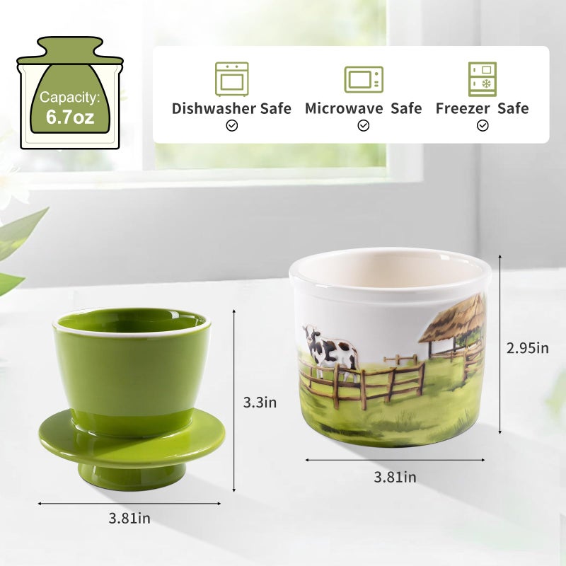 XRBEOU Ceramic Butter Crock With Lid for Countertop, Embossed Cow Butter Holder Container for Counter with Water, French Butter Keeper Butter Dish for Spreadable Butter Farmhouse Kitchen Decor Christmas Gift - Image 2