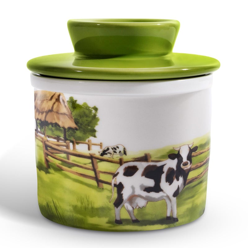 XRBEOU Ceramic Butter Crock With Lid for Countertop, Embossed Cow Butter Holder Container for Counter with Water, French Butter Keeper Butter Dish for Spreadable Butter Farmhouse Kitchen Decor Christmas Gift - Image 1