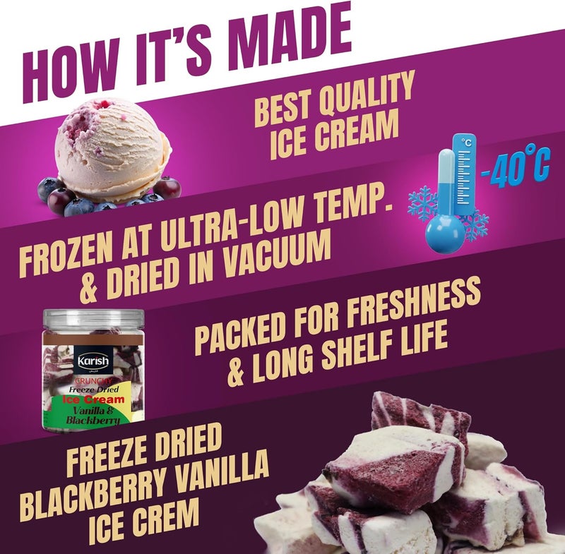 Karish Crunchy Freeze Dried Vanilla & Blackberry Ice Cream | Fresh & Nutrient Rich With Pure Flavor & Aroma of Icecream | A Perfect Snack For Outdoor & On The Go Ice-Cream | 55 gm - Image 2