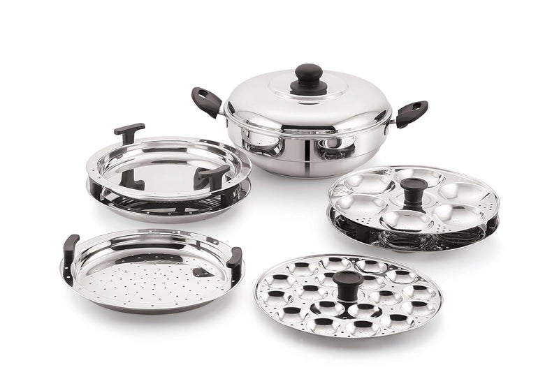 Sonu Stainless Steel Triply Base Multi Kadhai with Regular idly Palate Dhokla Plate Steamer Plate and Mini Idly Plate 13 idlys - Image 1