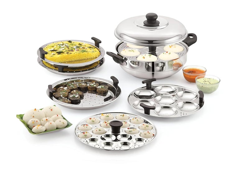 Sonu Stainless Steel Triply Base Multi Kadhai with Regular idly Palate Dhokla Plate Steamer Plate and Mini Idly Plate 13 idlys - Image 3
