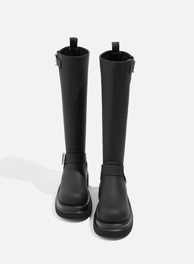 Loquat Women's Platform Boots Mid Calf Chunky Block Heel Martin Boots Black  - Image 1