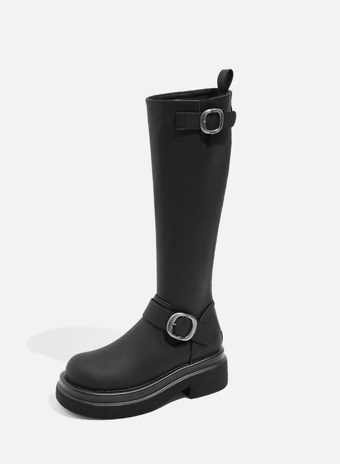 Loquat Women's Platform Boots Mid Calf Chunky Block Heel Martin Boots Black  - Image 2