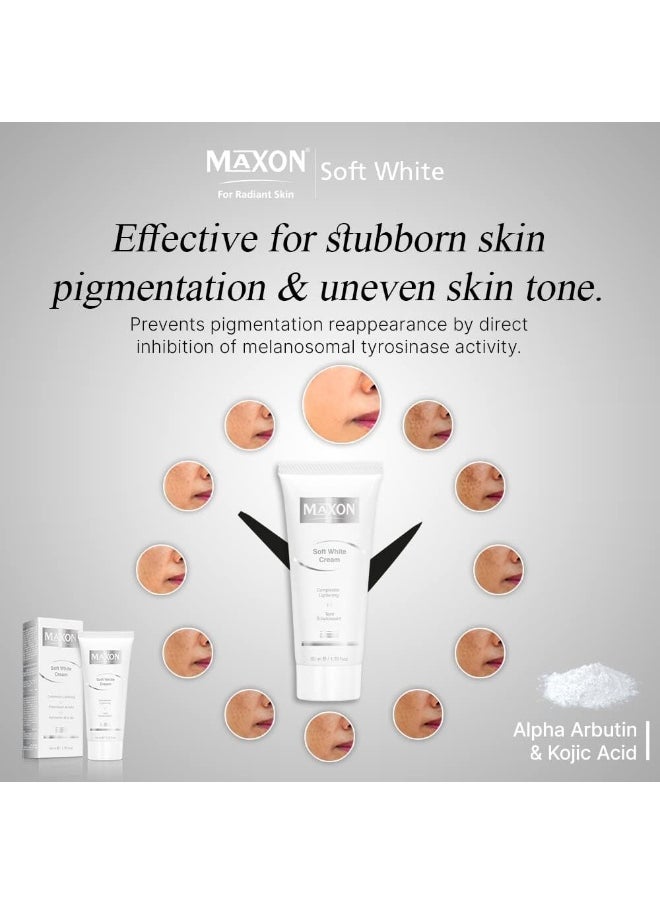 MAX-ON MAX-ON Soft White Beauty Cream 30g - Dark Circle and Acne Removal, Skin Whitening for Face & Body - Nighttime Skincare with Alpha & Kojic Acid - Suitable for Men & Women  - Image 2