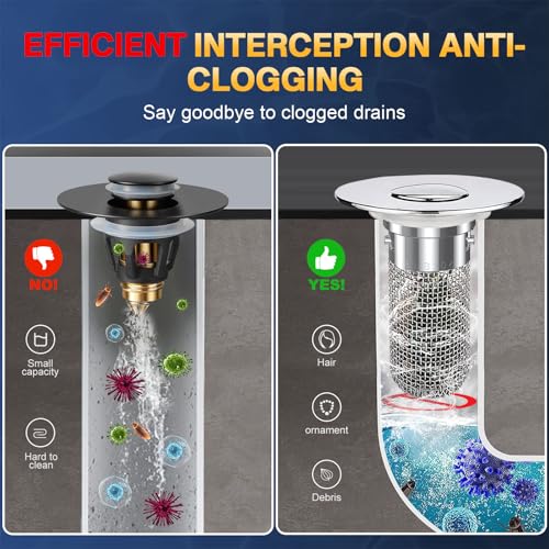 cocog Bathroom Sink Drain Strainer, Pop Up Sink Drain Filter with Removable Stainless Steel Filter Basket Hair Catcher, Bathroom Sink Drain Stopper, for Us Bathroom Sink Stopper Replacement (2pcs) - Image 3