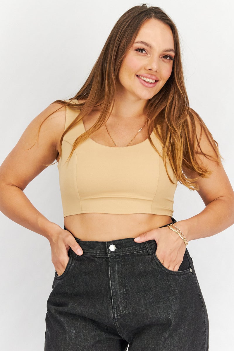 Asos Design Women Square Neck Sleeveless Plain Crop Top, Tan - Image 1