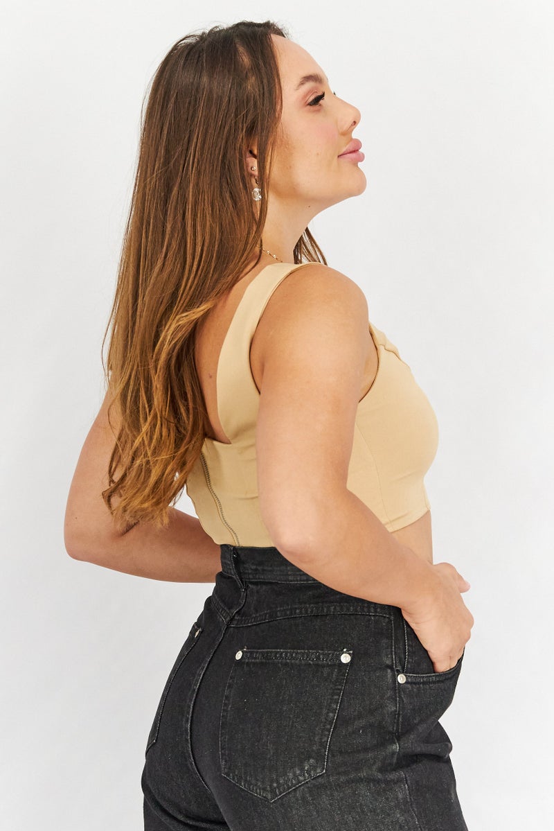 Asos Design Women Square Neck Sleeveless Plain Crop Top, Tan - Image 3