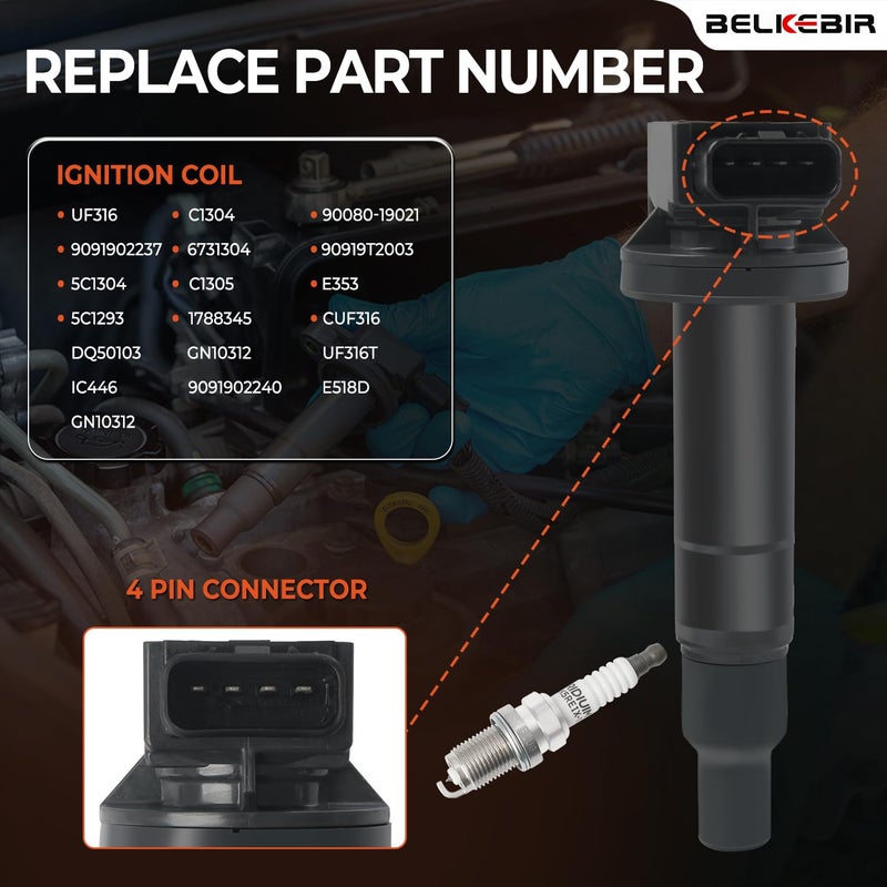 BELKEBIR Set of 4 Ignition Coil Pack & Iridium Spark Plugs Compatible with 1.5L 2001-2009 Toyota Prius, 2007-2018 Yaris, 2012-2019 Prius C, 2000-2005 Echo, 2004-2006 Scion XA XB Replace UF316 C1304 90080-19021 - Image 3