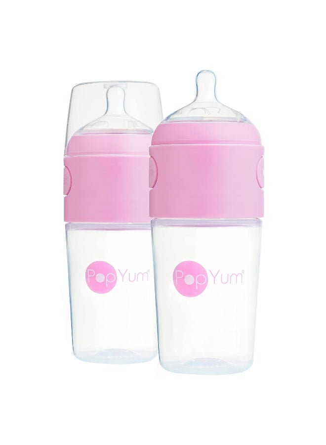 PopYum 9 oz Pink Anti-Colic Formula Making/Mixing/Dispenser Baby Bottles, 2-Pack with #2 Medium Flow Nipples, 260 ml, BPA-Free, Natural Latch - Image 1