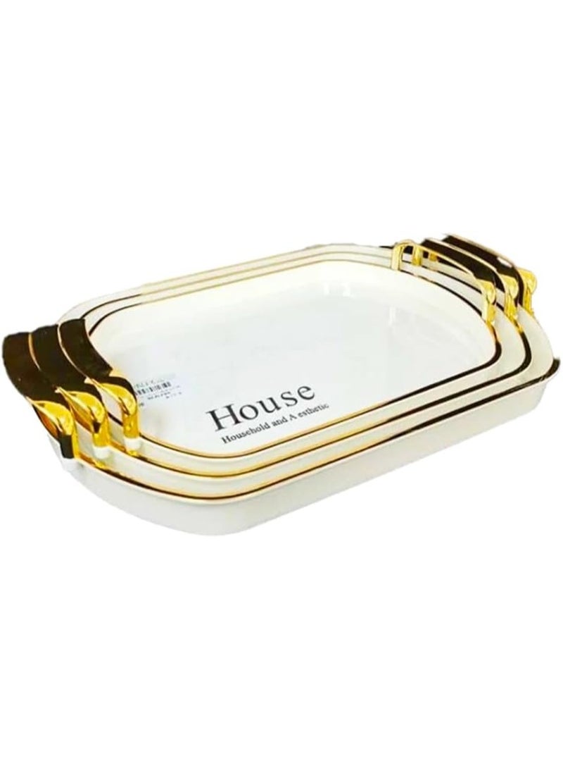 طقم صواني تقديم أنيقة من الميلامين بمقابض ذهبية، 3 قطع - Image 1