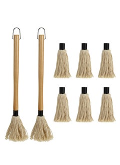 2 Pack BBQ Basting Mop with 6 Extra Replacement Heads, Grill Basting Mop Wooden Long Handle Perfect for BBQ Grilling Smoking Steak (18.2 Inch)