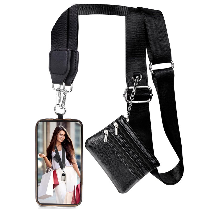 XANGNIER Clip and Go Strap for Phone with Wallet Crossbody, Phone Strap with Zippered Wallet, Adjustable Anti Theft Cellphone Lanyard for Women, Cellphone Chain Accessories, Black - Image 1