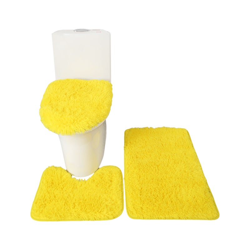 Non Slip Bath Mat Set: Yellow 3-Piece Soft Polyester Blend - Water Absorbent Thick Easy Clean Bath Rug for Home Bathroom Shower Bathtub Floor - Image 1