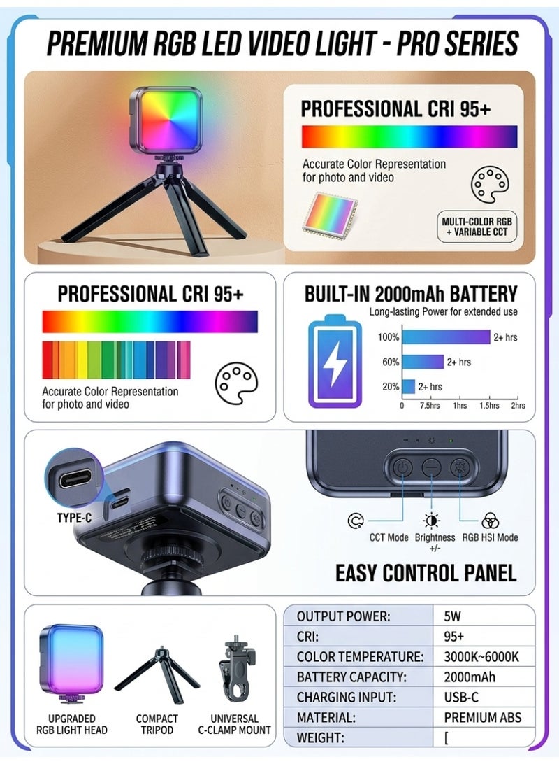 طقم إضاءة فيديو LED RGB محمول مع حامل ثلاثي القوائم مكتبي قابل للتعديل ومشبك عالمي، طيف ألوان كامل، بطارية 2000 مللي أمبير قابلة لإعادة الشحن - Image 3