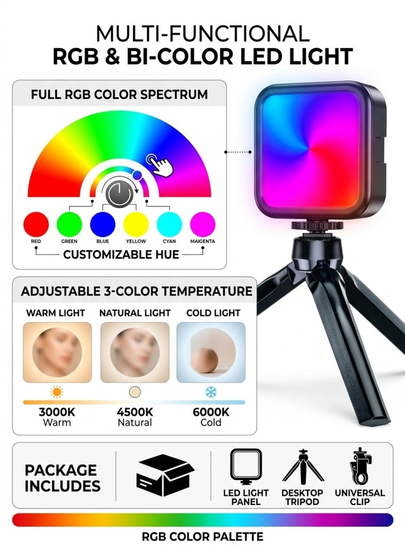 طقم إضاءة فيديو LED RGB محمول مع حامل ثلاثي القوائم مكتبي قابل للتعديل ومشبك عالمي، طيف ألوان كامل، بطارية 2000 مللي أمبير قابلة لإعادة الشحن - Image 4