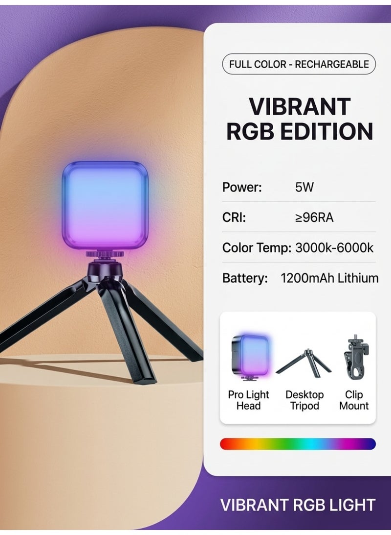 طقم إضاءة فيديو LED RGB محمول مع حامل ثلاثي القوائم مكتبي قابل للتعديل ومشبك عالمي، طيف ألوان كامل، بطارية 2000 مللي أمبير قابلة لإعادة الشحن - Image 2