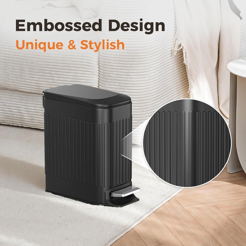 TrashAid Small Black Bathroom Trash Can with Lid Soft Close, 6 Liter / 1.6 Gallon, Stainless Steel Garbage Can with Removable Inner Bucket, Step Pedal, Slim Wastebasket for Toilet, Office, Bedroom - Image 3