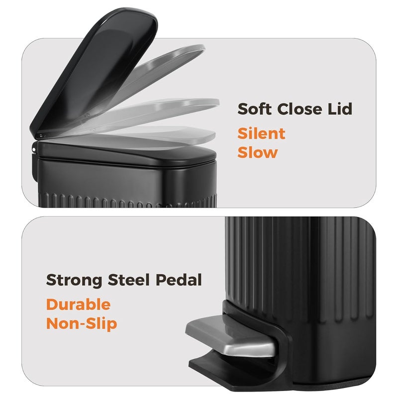 TrashAid Small Black Bathroom Trash Can with Lid Soft Close, 6 Liter / 1.6 Gallon, Stainless Steel Garbage Can with Removable Inner Bucket, Step Pedal, Slim Wastebasket for Toilet, Office, Bedroom - Image 4