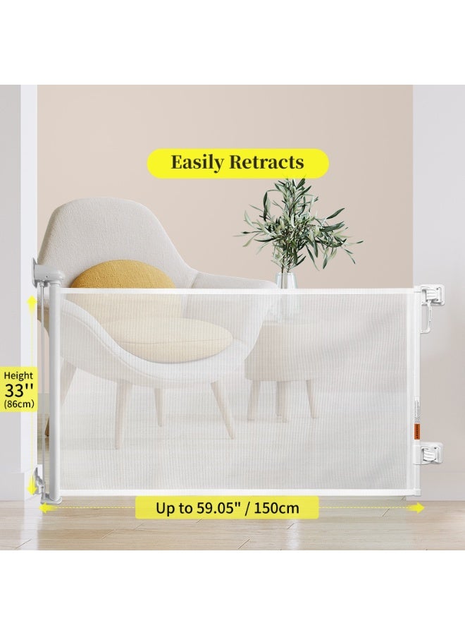 HomKawt Retractable Baby Gate Mesh Pet Safety Gate Stair Guardrail Suitable for Stairs, Doorways, Kitchens, Corridors-150CM White - Image 2