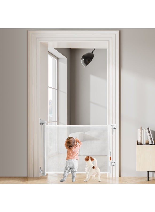 HomKawt Retractable Baby Gate Mesh Pet Safety Gate Stair Guardrail Suitable for Stairs, Doorways, Kitchens, Corridors-150CM White - Image 1