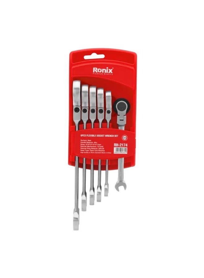 RONIX 6PCS Flex-Head Ratcheting Wrench Set, 72-Tooth 5° Swing, German Engineering #Ronix RH-2174 - Image 1