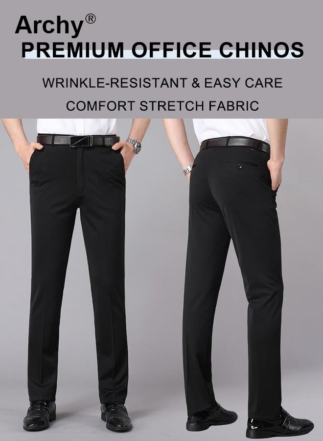 Archy Men's Fashion Casual Business Pants Summer Light Thin High Elastic Classic Pure Black Suit Pants Skintight Wrinkle-Resistant High Waist Straight Trousers with Pockets on Both Sides  - Image 3