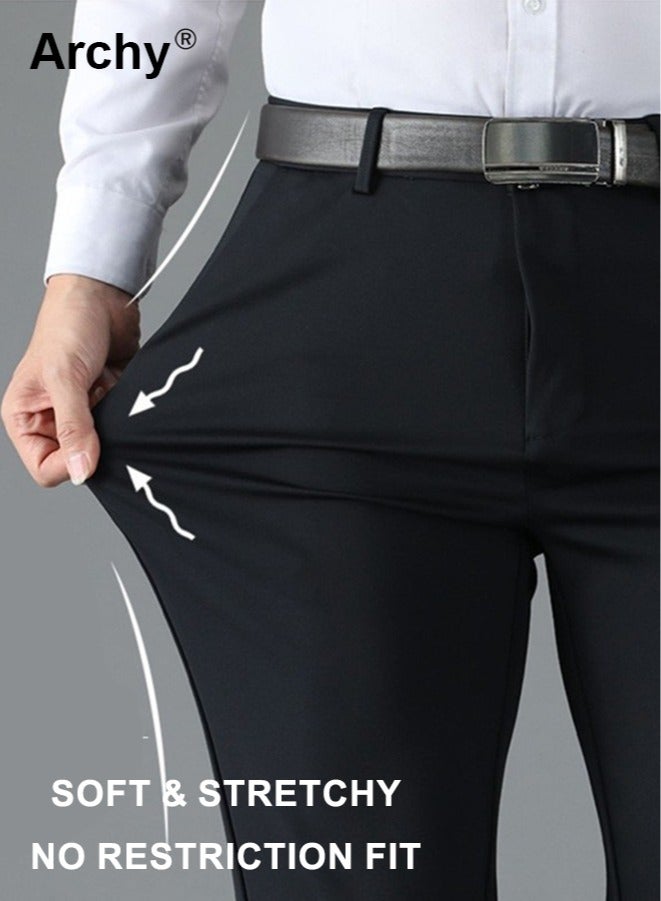 Archy Men's Fashion Casual Business Pants Summer Light Thin High Elastic Classic Pure Black Suit Pants Skintight Wrinkle-Resistant High Waist Straight Trousers with Pockets on Both Sides  - Image 4