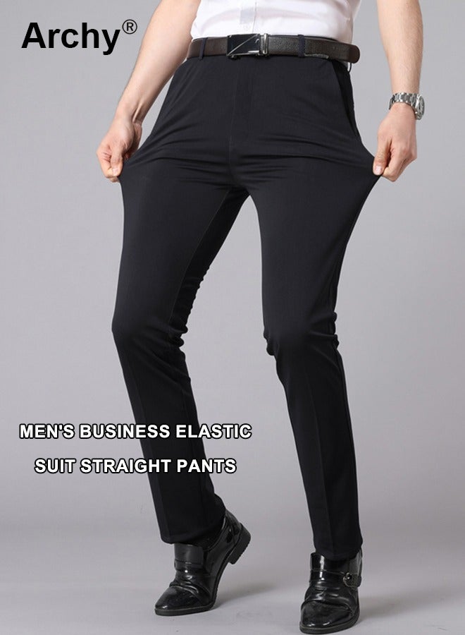 Archy Men's Fashion Casual Business Pants Summer Light Thin High Elastic Classic Pure Black Suit Pants Skintight Wrinkle-Resistant High Waist Straight Trousers with Pockets on Both Sides  - Image 2