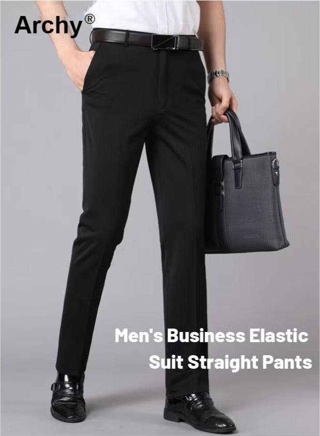 Archy Men's Fashion Casual Business Pants Summer Light Thin High Elastic Classic Pure Black Suit Pants Skintight Wrinkle-Resistant High Waist Straight Trousers with Pockets on Both Sides  - Image 1