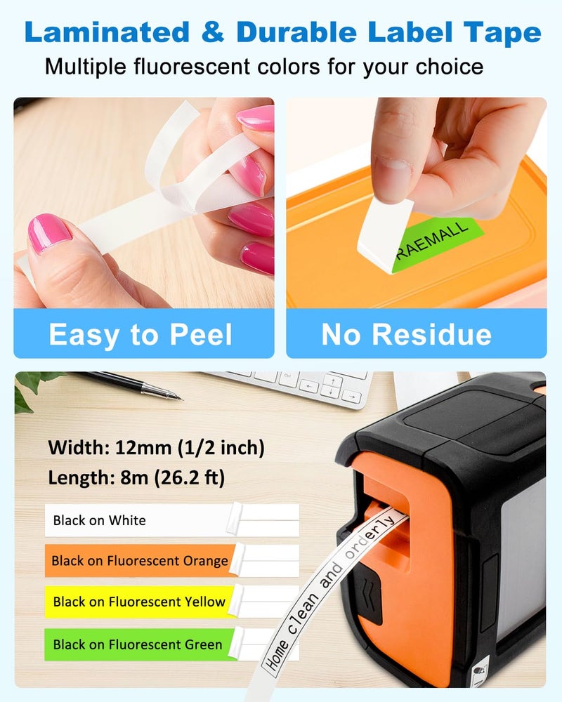 RAEMALL Compatible with Brother P Touch Label Maker Tape Refill Multi Color 12mm 0.47" Standard Laminated White and Fluorescence PTouch Tape TZe 231 B31 C31 D31 for PT-D220 D210 H110 D200 Label Maker Refills - Image 3