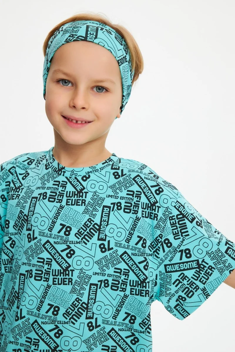 Babygiz Turquaz Boy's Cotton Combed Oversize Gray T-Shirt Bandana Set of 2