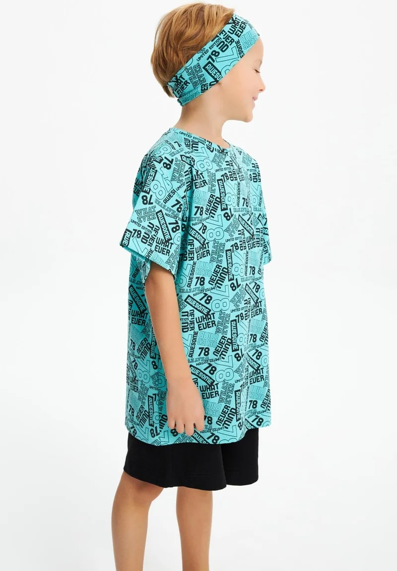 Babygiz Turquaz Boy's Cotton Combed Oversize Gray T-Shirt Bandana Set of 2