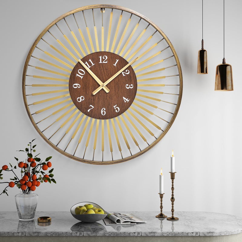 XGGJWW ساعة حائط حديثة بطول 24 بوصة من XGGJWW، تصميم إطار دائري معدني مع مركز من خشب الجوز، حركة كوارتز صامتة، لمسات باللون الذهبي - ساعة حائط زخرفية لغرفة المعيشة، غرفة النوم، والمكتب - Image 1
