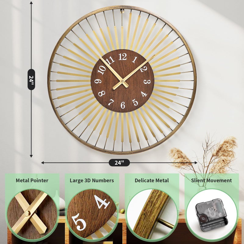 XGGJWW ساعة حائط حديثة بطول 24 بوصة من XGGJWW، تصميم إطار دائري معدني مع مركز من خشب الجوز، حركة كوارتز صامتة، لمسات باللون الذهبي - ساعة حائط زخرفية لغرفة المعيشة، غرفة النوم، والمكتب - Image 5