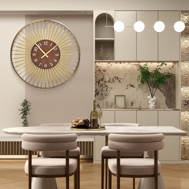 XGGJWW ساعة حائط حديثة بطول 24 بوصة من XGGJWW، تصميم إطار دائري معدني مع مركز من خشب الجوز، حركة كوارتز صامتة، لمسات باللون الذهبي - ساعة حائط زخرفية لغرفة المعيشة، غرفة النوم، والمكتب - Image 2