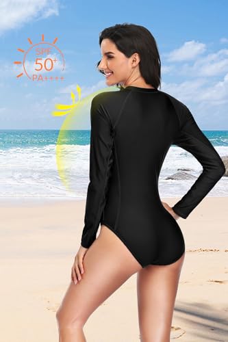 Daci Women Black-3 Rash Guard Long Sleeve One Piece Swimsuit Zipper Surfing Bathing Suit UPF 50 XL - Image 2