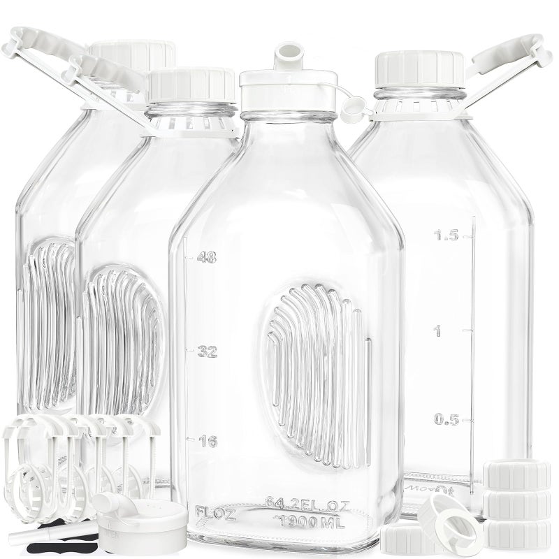 Syntic 4 Pack 2 Qt Glass Milk Bottles with Handle and Airtight Reusable Screw Lids, 1/2 Gal Glass Water & Juice Bottles with 2 Pour Spouts, 64 Oz Milk Jug Pitcher w Scale - Image 1