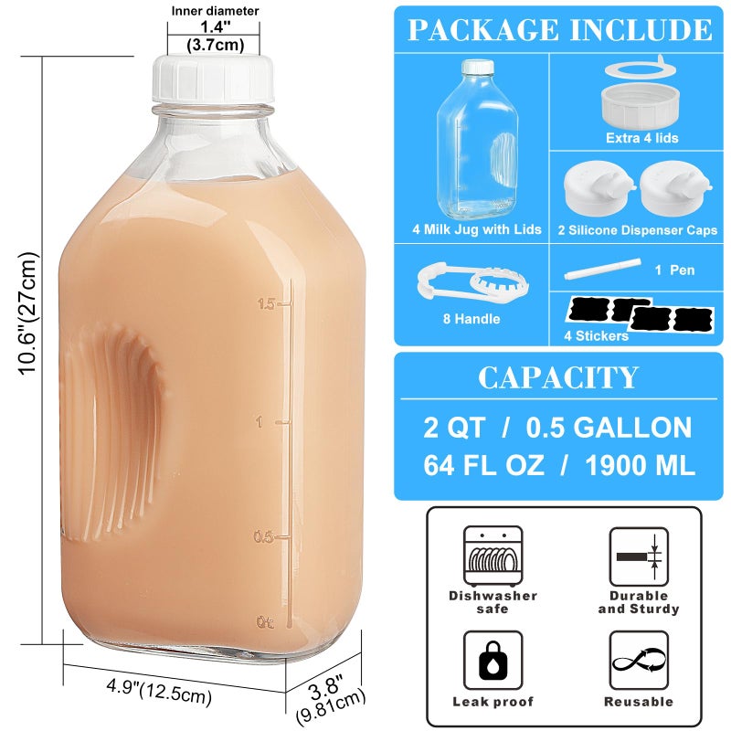Syntic 4 Pack 2 Qt Glass Milk Bottles with Handle and Airtight Reusable Screw Lids, 1/2 Gal Glass Water & Juice Bottles with 2 Pour Spouts, 64 Oz Milk Jug Pitcher w Scale - Image 3