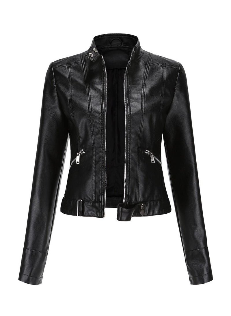 Women's Leather Jacket With Short Standing Collar Black - pzsku/Z5BA9DEC9B6624C9C408EZ/45/_/1691908034/3db7e48c-79a2-442d-8522-a77fbee50f18