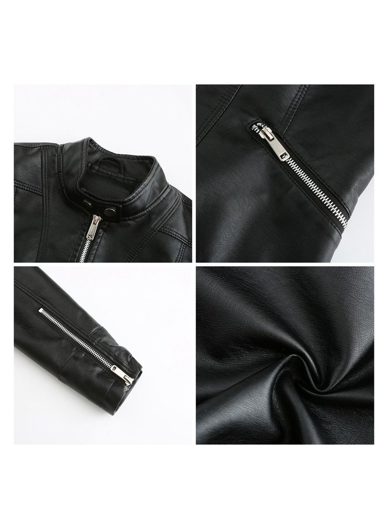 Loquat Women's Leather Jacket With Short Standing Collar Black - Image 2