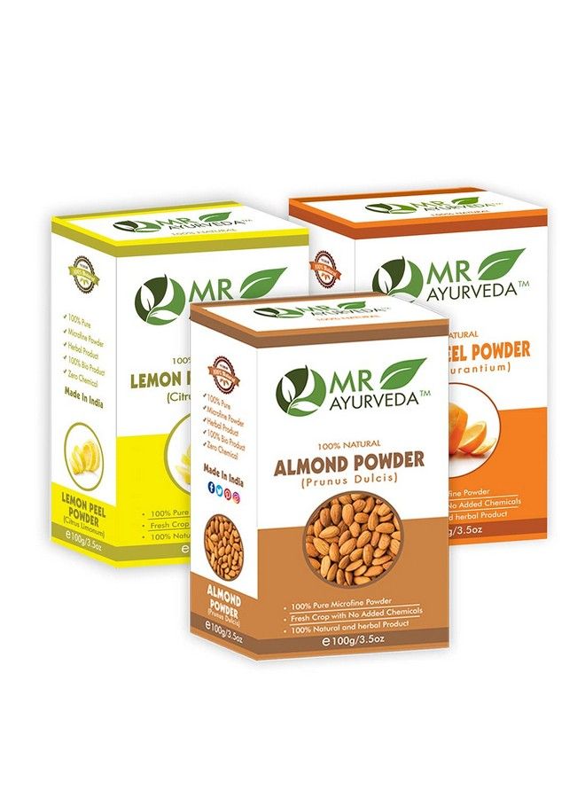 MR Ayurveda مجموعة مسحوق اللوز ومسحوق قشر الليمون ومسحوق قشر البرتقال من 3 (100 جرام لكل منها) - Image 1