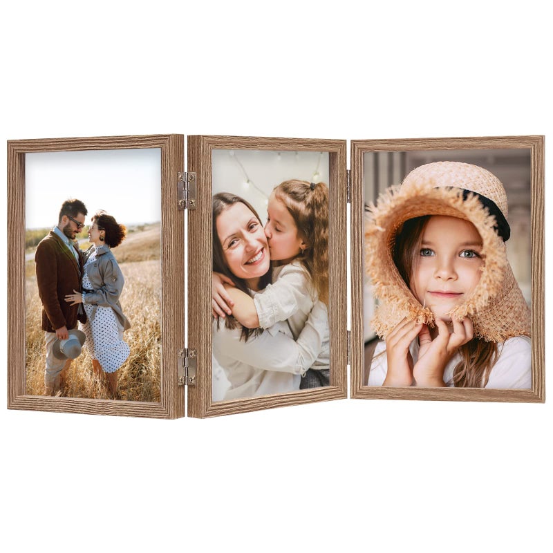 ORIVAN 5x7 Triple Picture Frame Hinged 3 Photos Folding Photo Frames with Glass Vertical Stand Frames Wood Grain