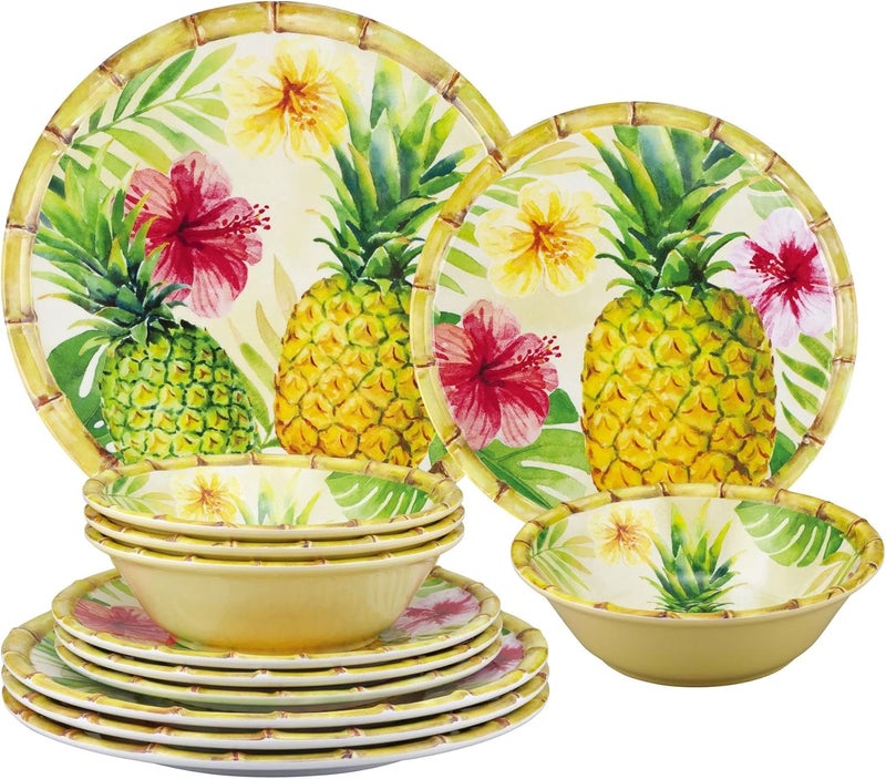 UPware 12 Piece Pineapple Melamine Dinnerware Sets Outdoor Dishes Set Plates and Bowls Sets Service for 4 Multicolor - Image 1