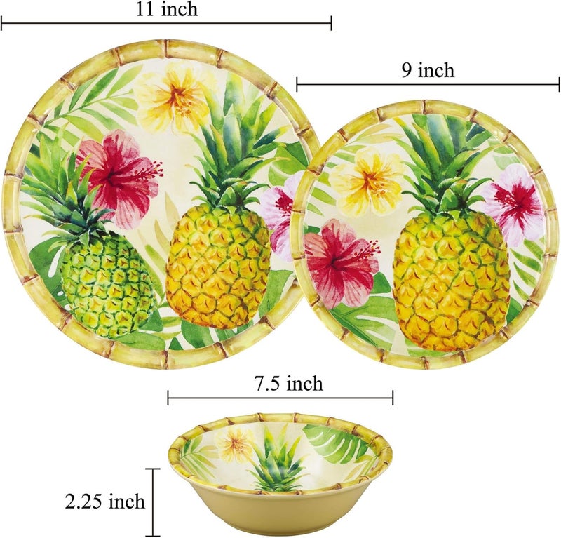 UPware 12 Piece Pineapple Melamine Dinnerware Sets Outdoor Dishes Set Plates and Bowls Sets Service for 4 Multicolor - Image 3