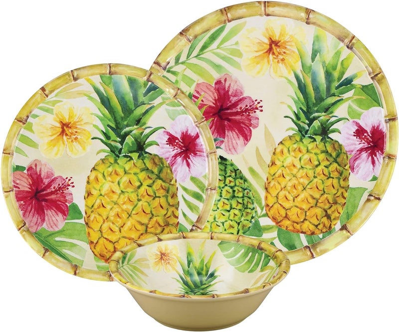 UPware 12 Piece Pineapple Melamine Dinnerware Sets Outdoor Dishes Set Plates and Bowls Sets Service for 4 Multicolor - Image 2