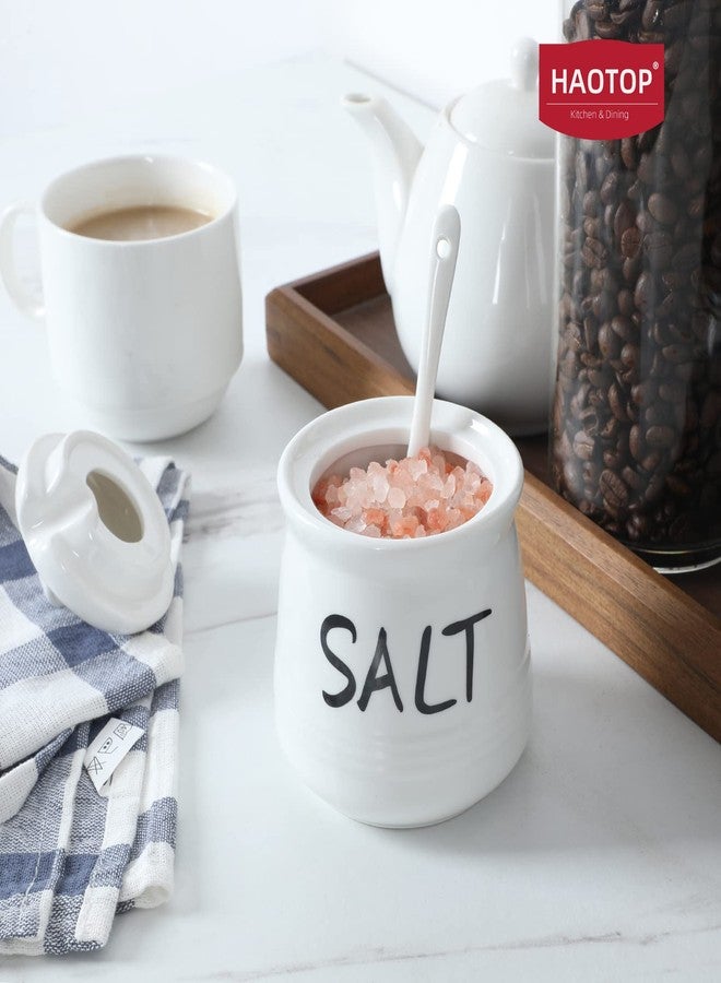 هاو توب أوعية ملح هاوتوب مع غطاء وملعقة - وعاء ملح سيراميك سعة 12 أونصة، حاويات ملح، صندوق توابل للمطبخ، ديكور مطبخ ريفي، أبيض - Image 4