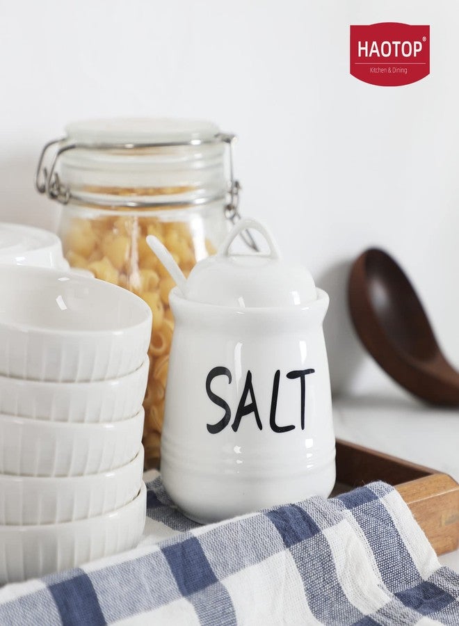هاو توب أوعية ملح هاوتوب مع غطاء وملعقة - وعاء ملح سيراميك سعة 12 أونصة، حاويات ملح، صندوق توابل للمطبخ، ديكور مطبخ ريفي، أبيض - Image 2